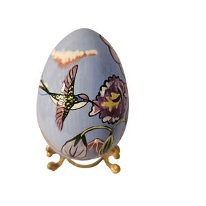 Hand Painted Ceramic Egg Decor Bird Flower Blue Purple Gold Stand Collectible